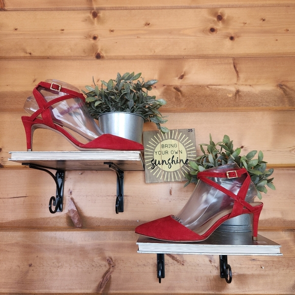 Antonio Melani Lapitta Red Suede Leather Heels Point Toe Ankle Strap Pumps Sz 8M - Picture 1 of 11